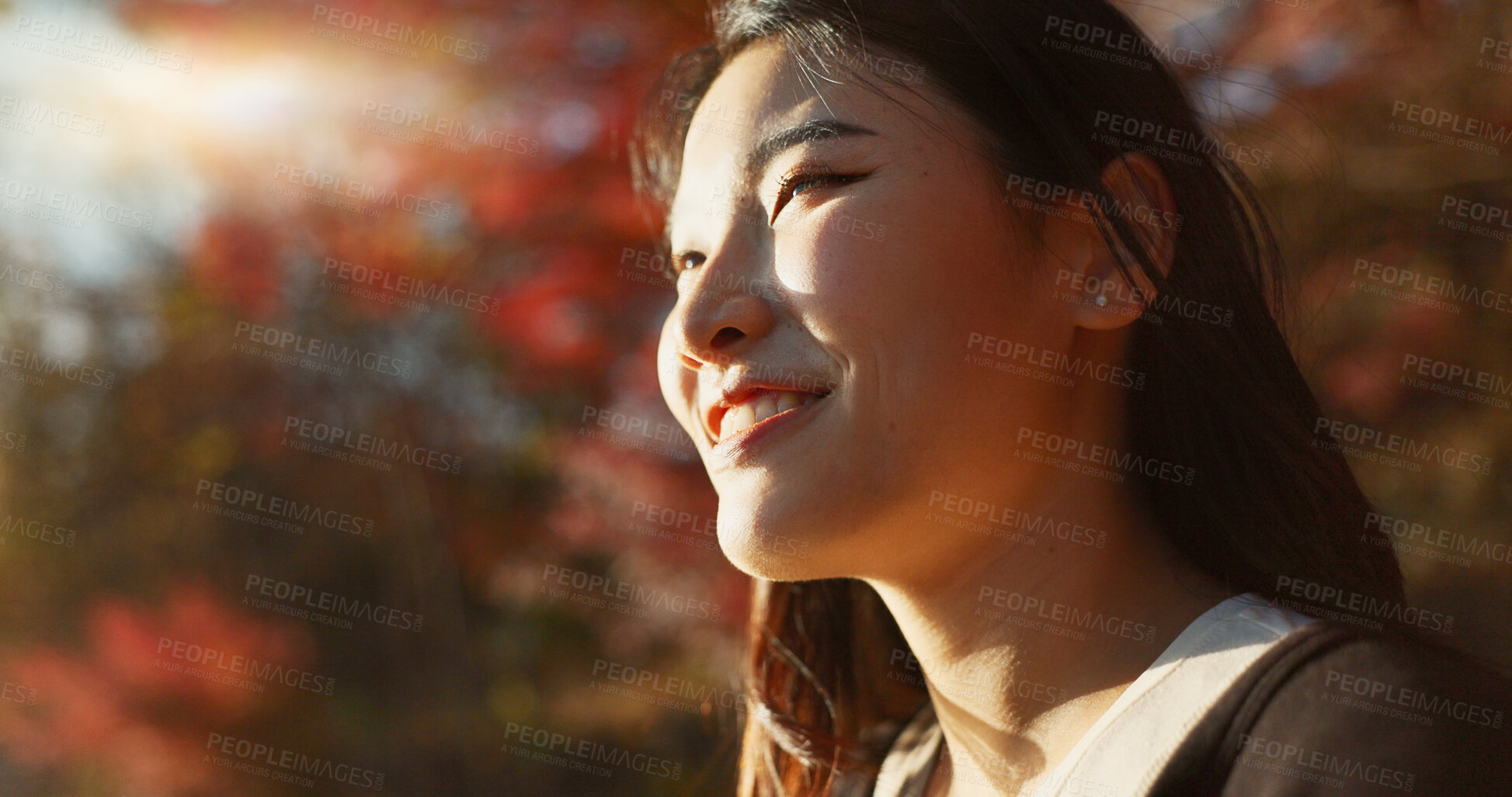 Buy stock photo Outdoor, thinking and Asian woman with a smile, nature and forest with joy, daydreaming and holiday. Japanese person sunshine or girl with summer, travel or peace with vacation. calm or weekend break
