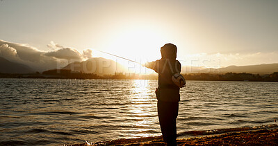 Person, fishing and water in morning, sunrise and sport by ocean, lake and river with equipment in nature. Fisherman, line and catch fish for games, food and silhouette in sunshine, dawn and horizon