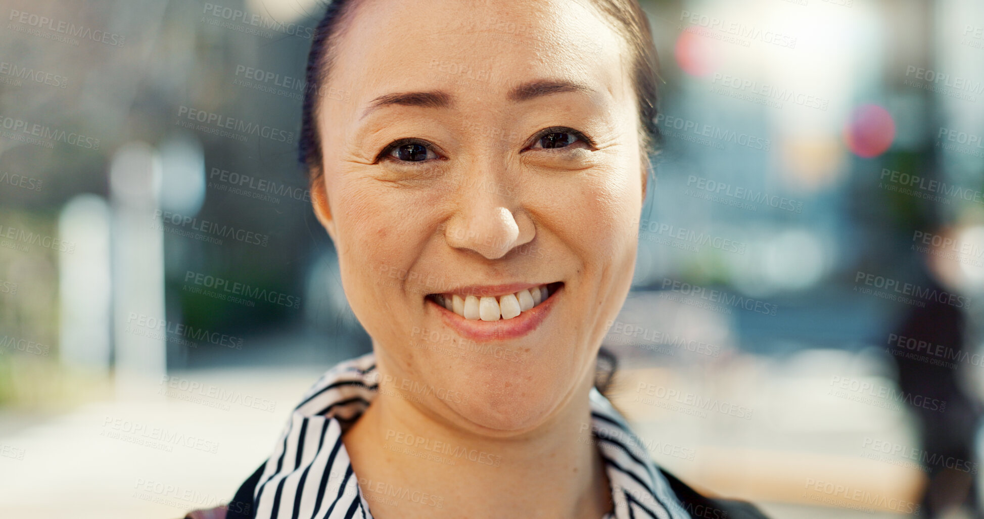 Buy stock photo Mature, Asian woman in city and face with travel or commute to work and professional in Tokyo. Corporate lawyer in urban street, journey to office and happiness in portrait with business mindset