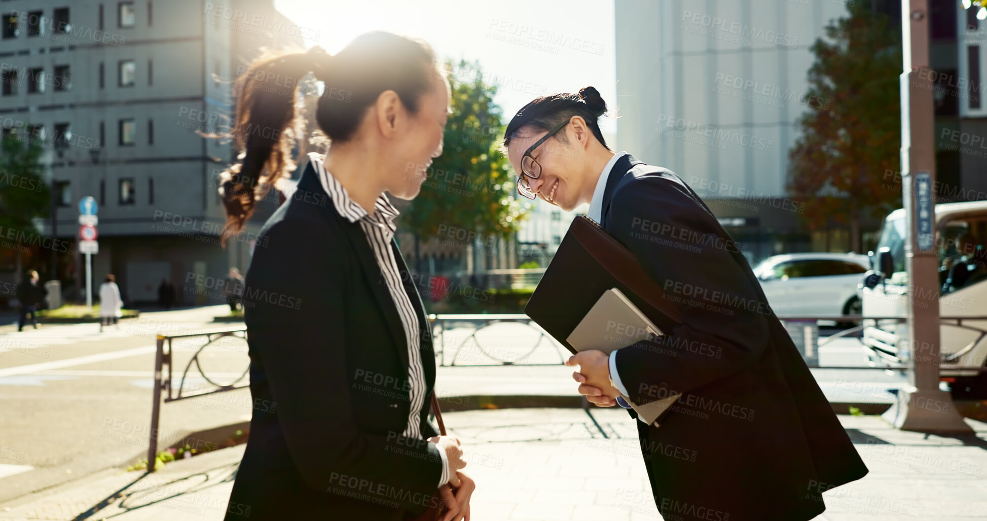 Buy stock photo Asian people in city, professional and bow for greeting with conversation, travel and commute to work in morning. Business man, woman and hello in Tokyo, journey and urban street with communication