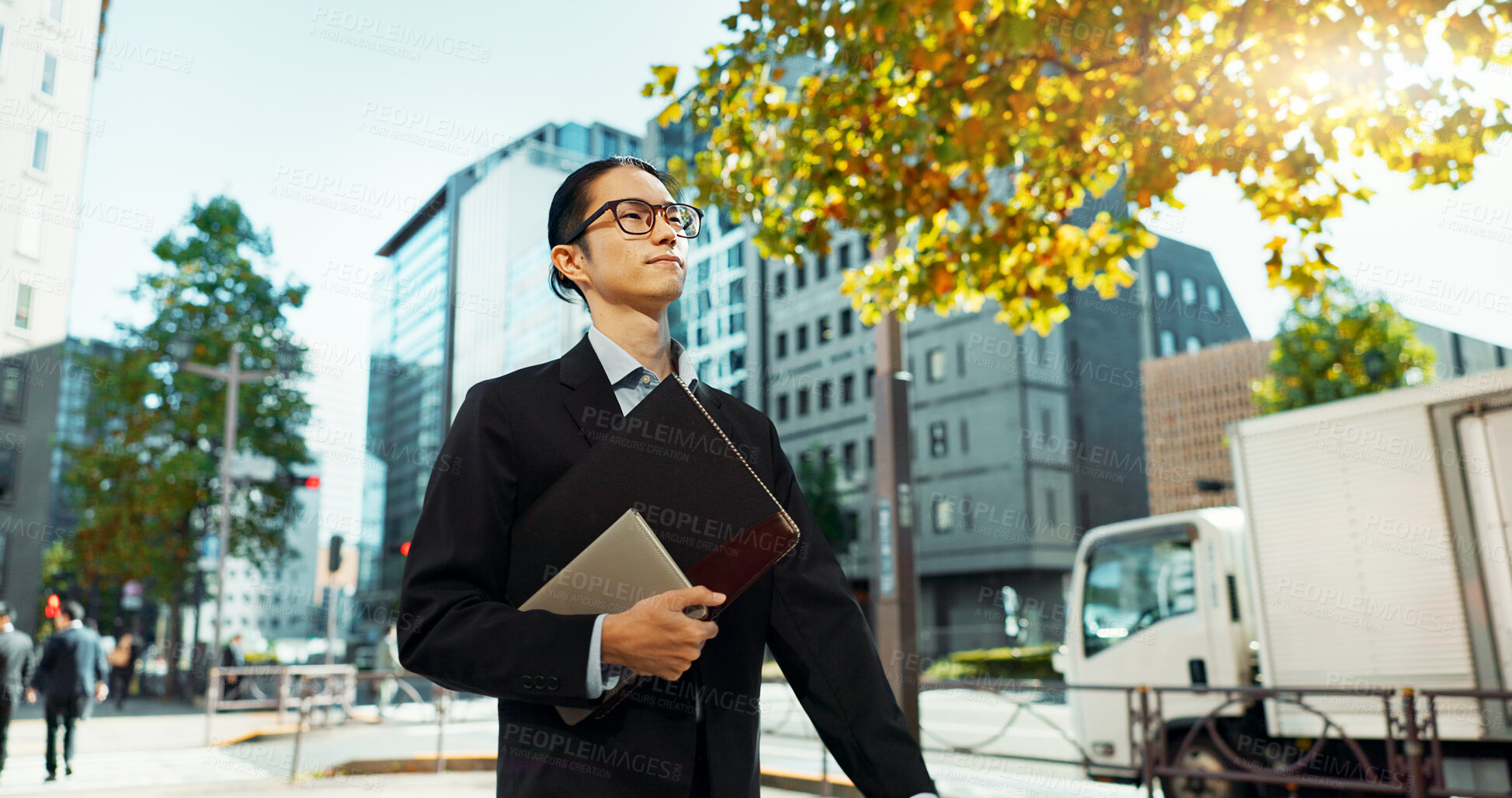 Buy stock photo Walking, city and Asian business man with tablet, documents and file for morning commute in urban town. Professional, corporate worker and person thinking on travel for career, work and job in Japan