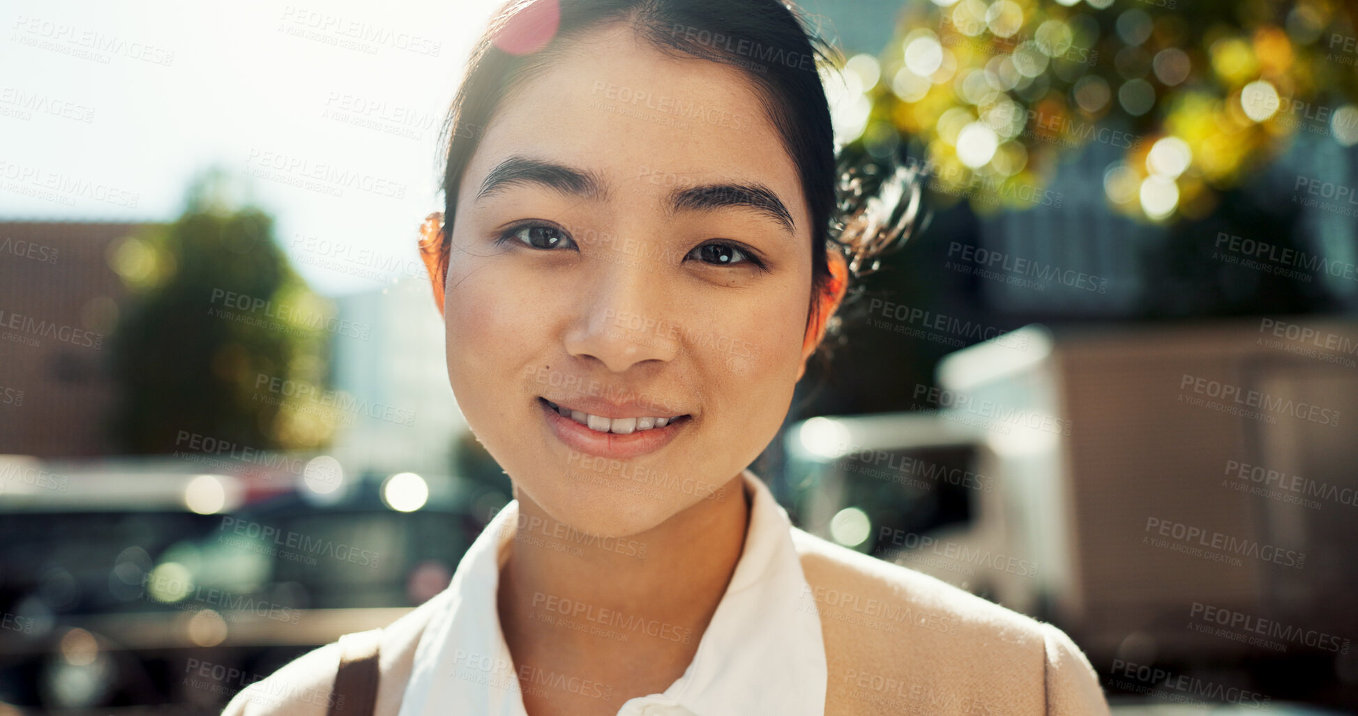 Buy stock photo Japanese, woman in city and face with travel or commute to work, smile and professional in Tokyo. Corporate lawyer in urban street, journey to office and happiness in portrait with business mindset