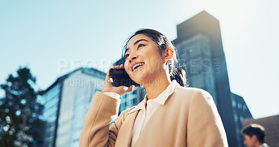 Happy woman, phone call and talking in city for communication, conversation or outdoor networking. Female person or employee smile on mobile smartphone for discussion, talk or chat in an urban town