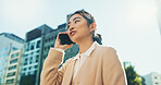 Happy woman, phone call and talking in city for communication, conversation or outdoor networking. Female person or employee smile on mobile smartphone for discussion, talk or chat in an urban town