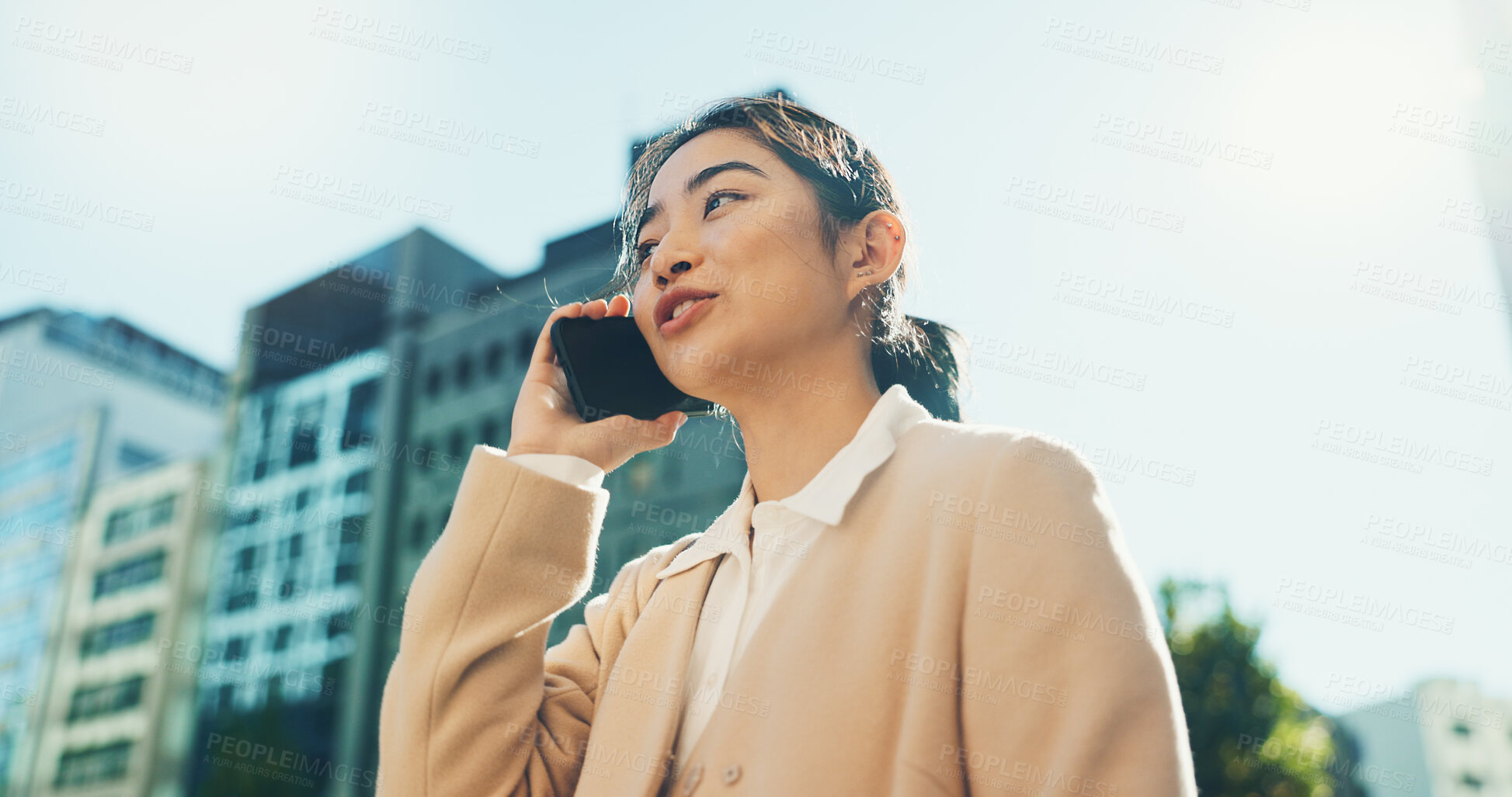 Buy stock photo Happy woman, phone call and talking in city for communication, conversation or outdoor networking. Female person or employee smile on mobile smartphone for discussion, talk or chat in an urban town