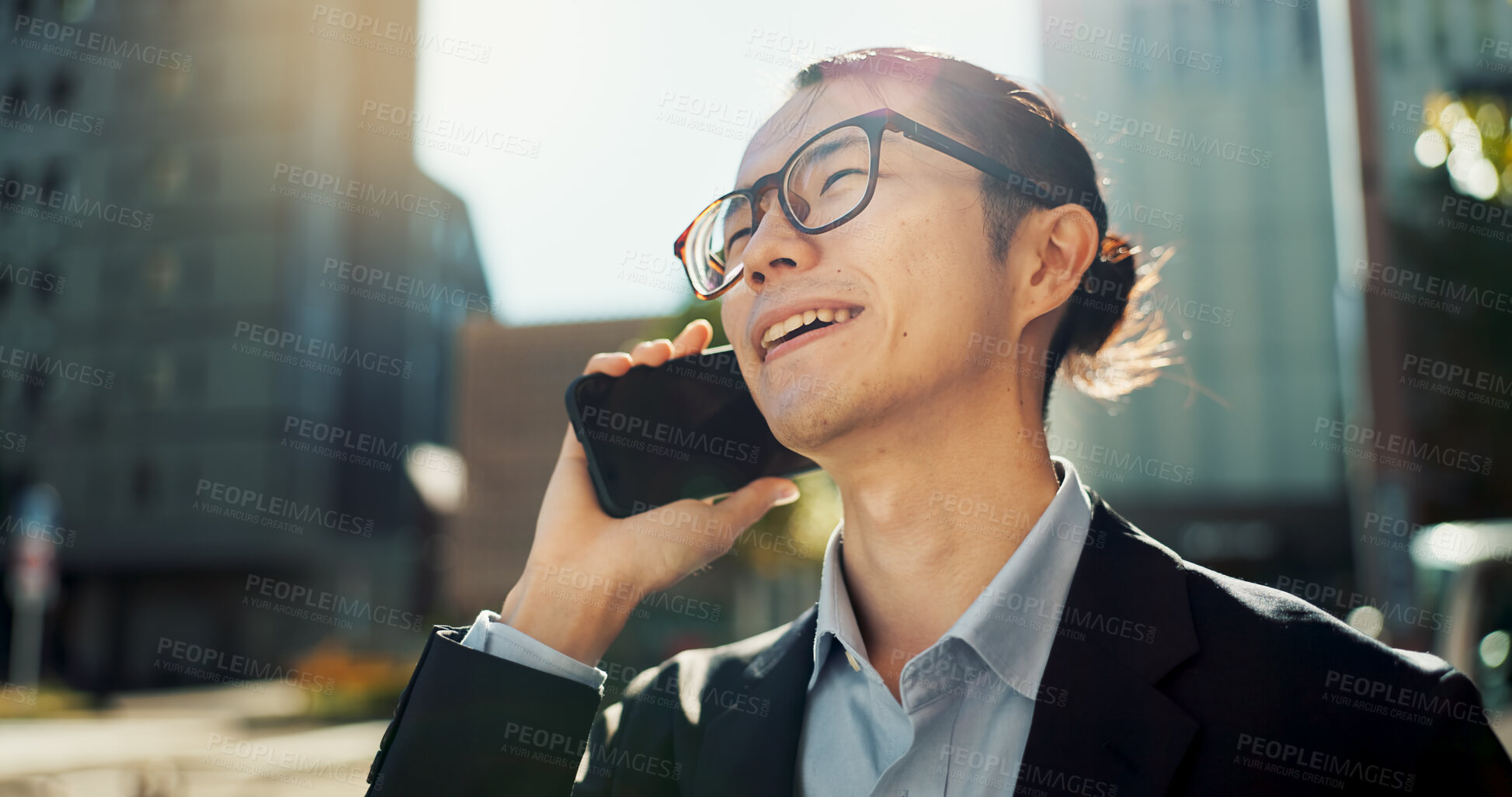 Buy stock photo Asian man, phone call and laughing in city for funny joke, conversation or outdoor networking. Happy businessman smile and talking on mobile smartphone for fun business discussion in an urban town