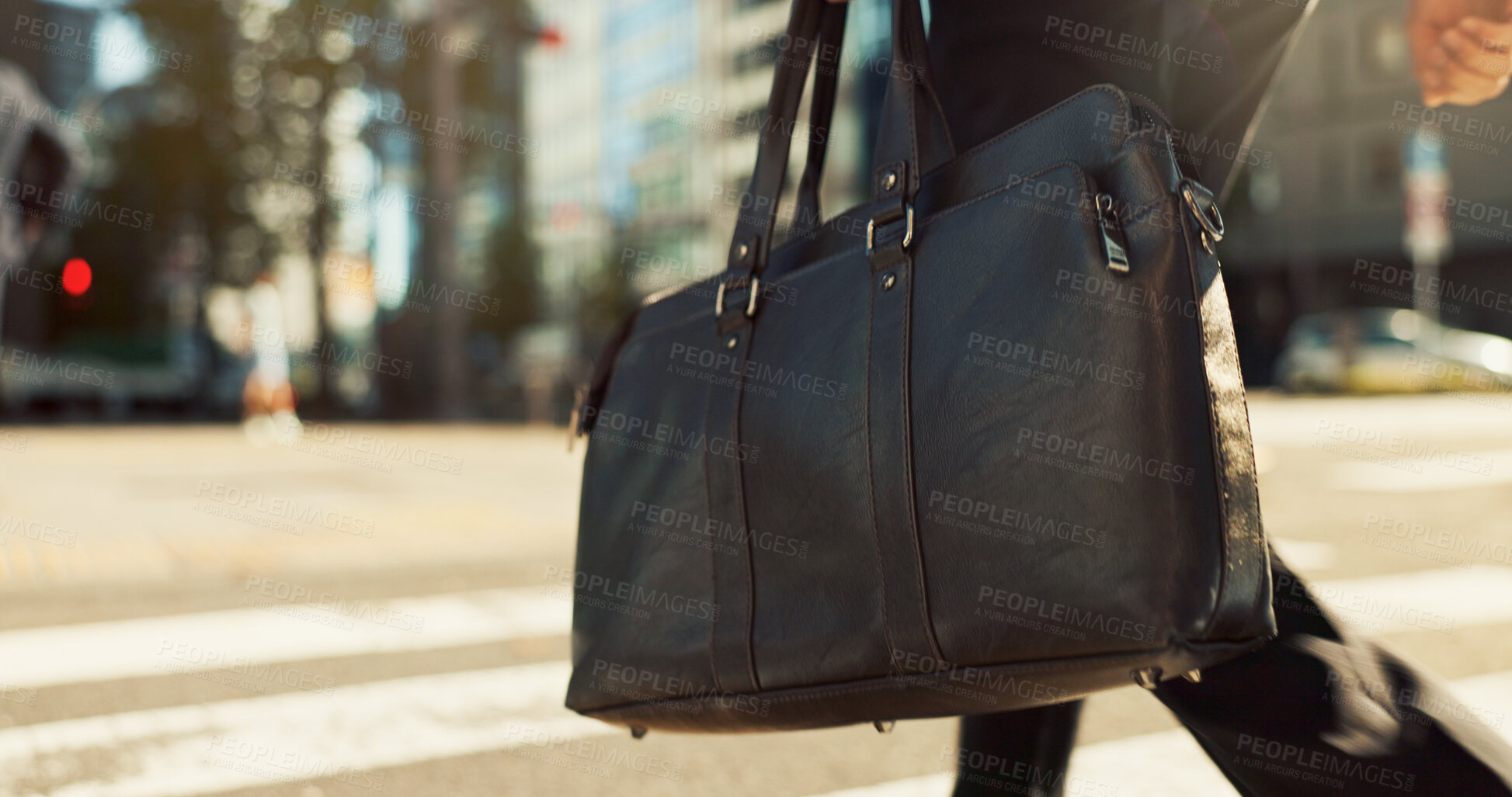 Buy stock photo Walking, city and business person with bag for career, job and professional work in urban town. Morning commute, travel and closeup of legs of worker with luggage for journey to office building