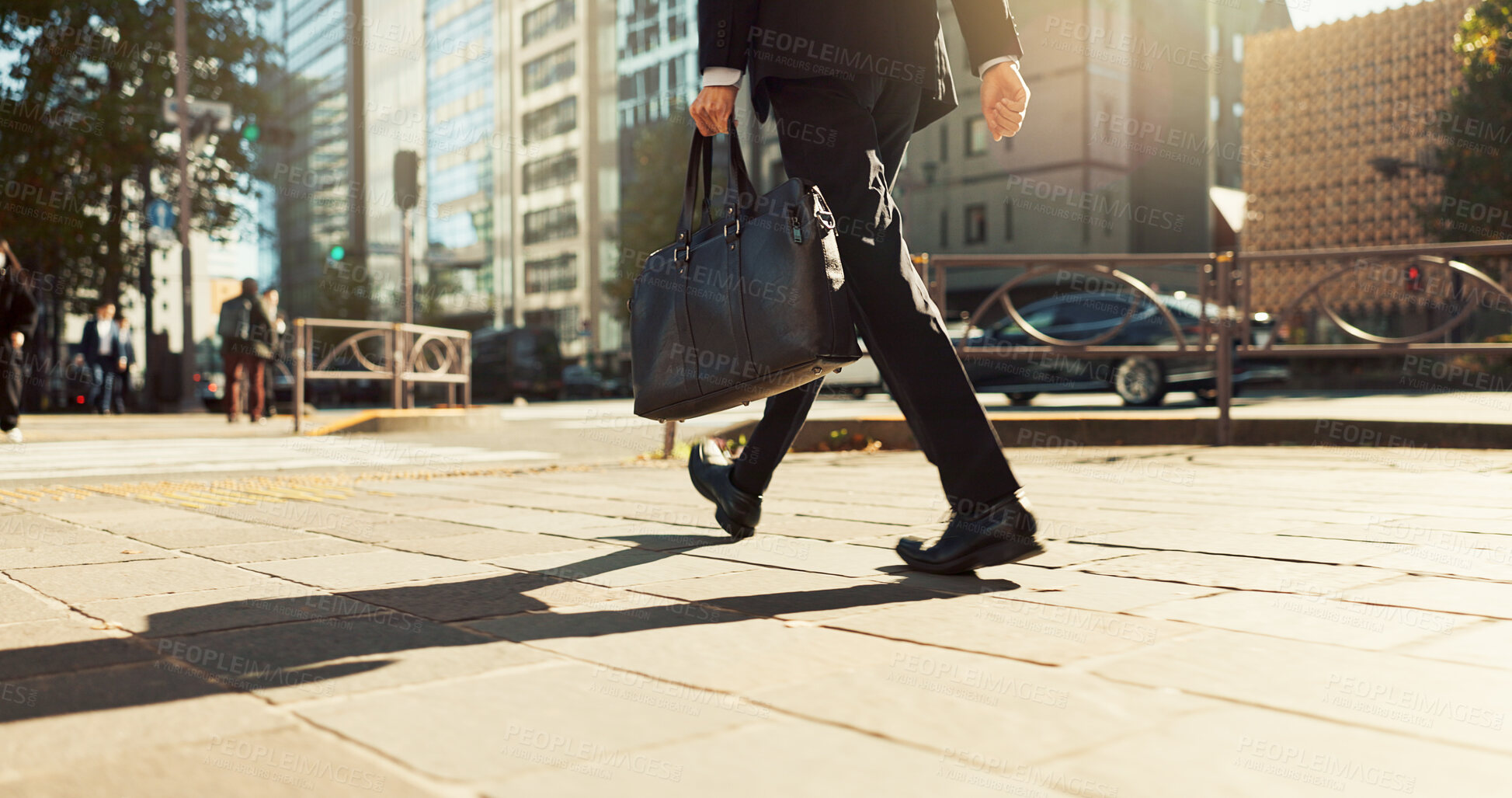 Buy stock photo Legs, bag and business person walking, worker travel or commute to work in city with buildings. Corporate professional, sidewalk on urban street and journey to office with commuter in the morning