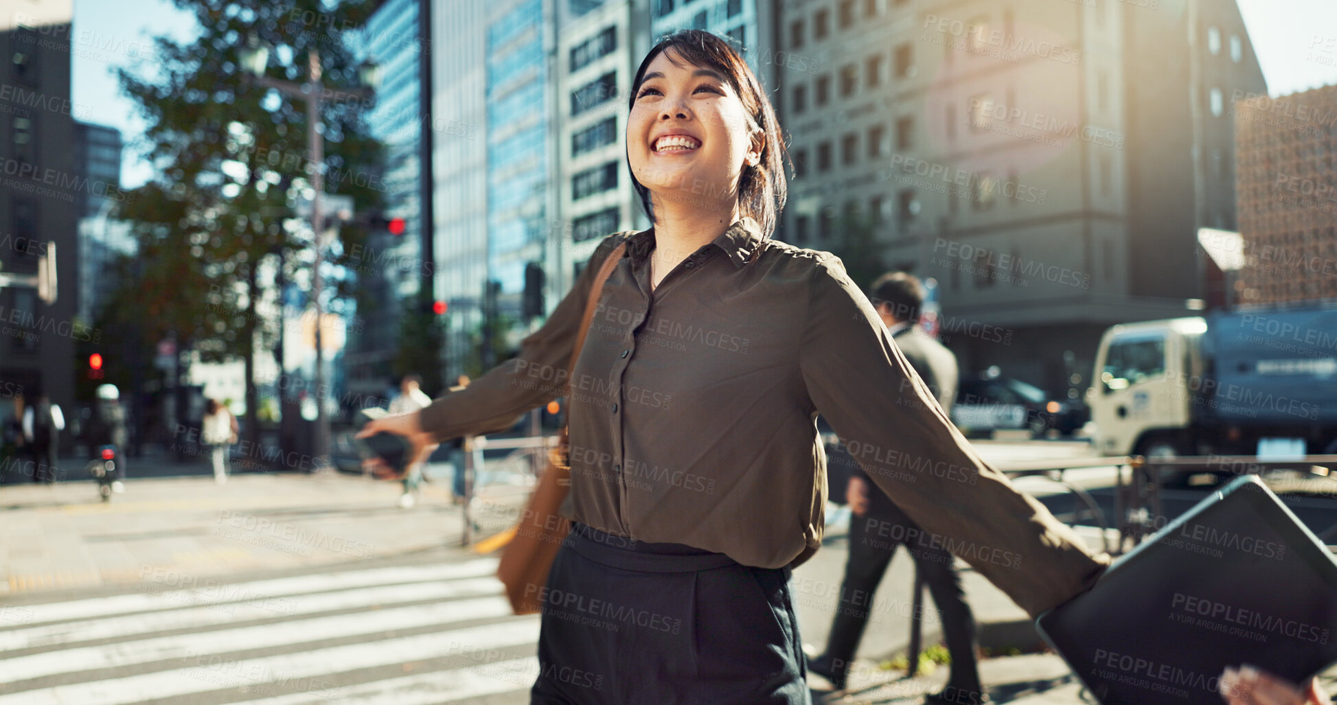 Buy stock photo Dancing, happy and business woman in the city for job promotion, celebration or achievement. Smile, good news and professional young Asian female person moving and commuting in urban town road.