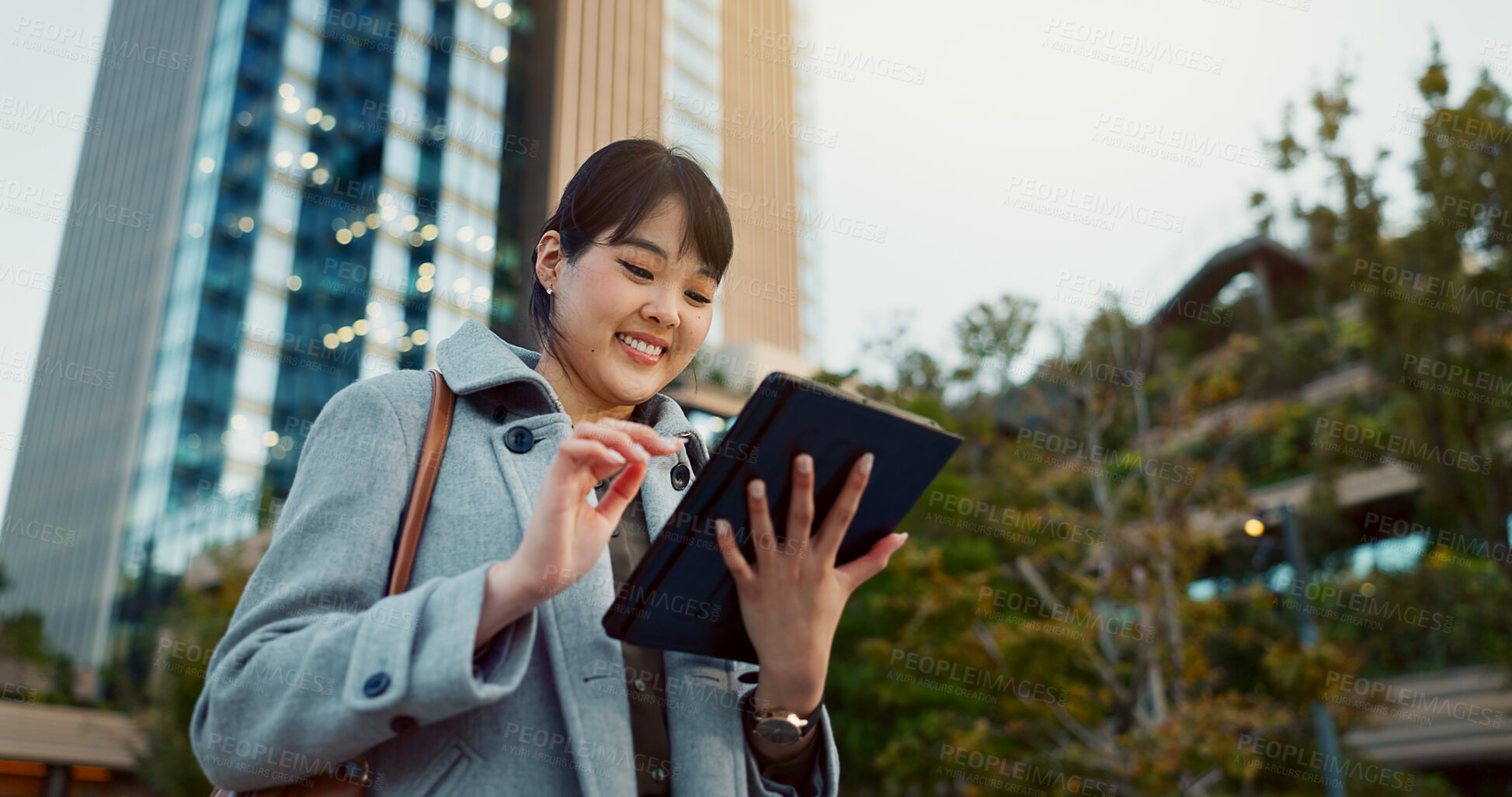 Buy stock photo Happy asian woman, tablet and city for social media, research or communication in outdoor networking. Business female person smile on technology in online search, chatting or texting in an urban town