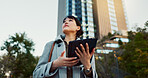 Happy asian woman, tablet and city for social media, research or communication in outdoor networking. Business female person smile on technology in online search, chatting or texting in an urban town