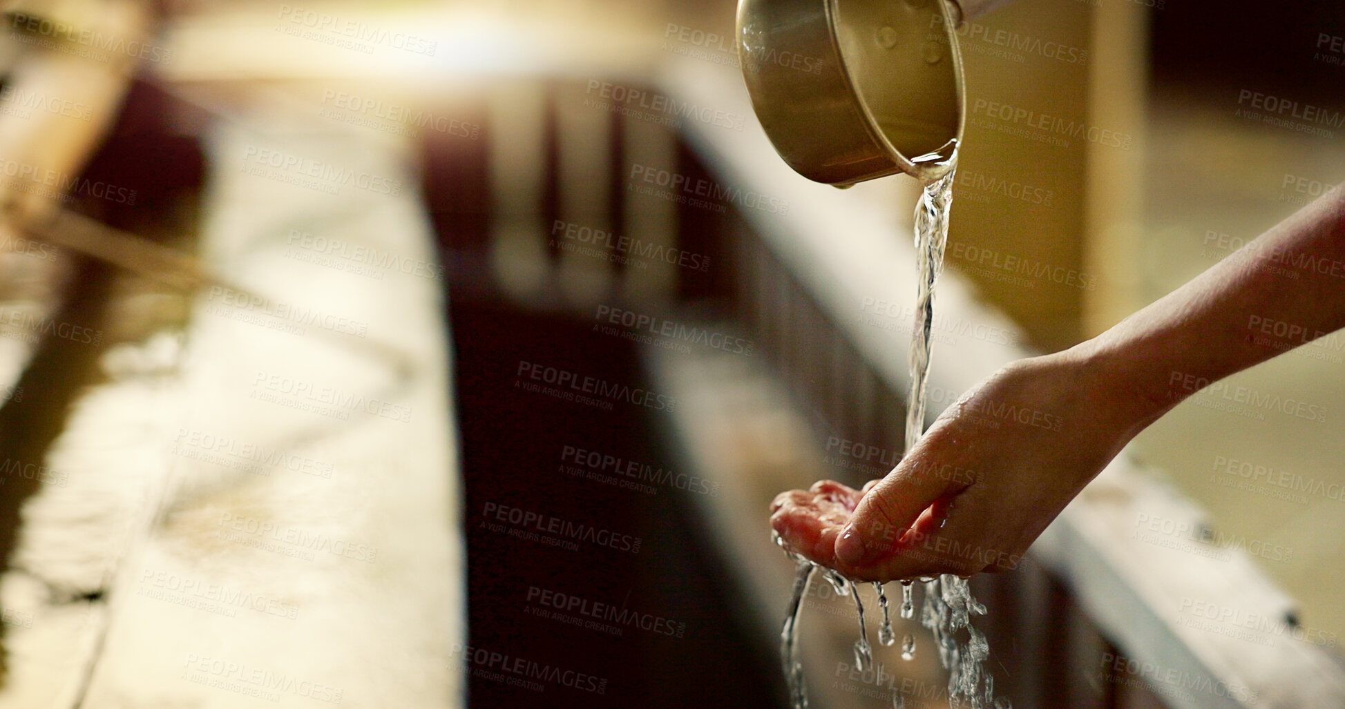 Buy stock photo Shinto temple, closeup and washing hands with water in container for cleaning, faith and wellness. Religion, mindfulness and purification ritual to stop evil, bacteria and peace at shrine in Tokyo