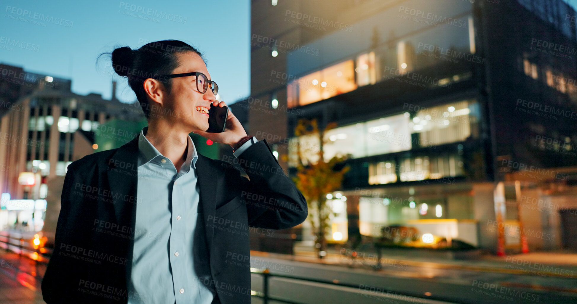 Buy stock photo Businessman, phone call and laughing at night in city for funny joke, conversation or outdoor travel. Happy asian man or employee smile and talking on mobile smartphone in late evening for discussion