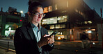 Businessman, phone and typing at night in city for communication, social media or outdoor networking. Happy asian man or employee smile on mobile smartphone in late evening for chatting in urban town