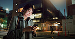 Asian woman, phone call and laughing at night in city for funny joke, conversation or outdoor travel. Happy female person smile and talking on mobile smartphone in late evening for discussion in town