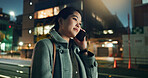 Asian woman, phone call and laughing at night in city for funny joke, conversation or outdoor travel. Happy female person smile and talking on mobile smartphone in late evening for discussion in town