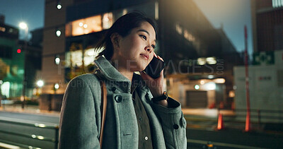 Asian woman, phone call and laughing at night in city for funny joke, conversation or outdoor travel. Happy female person smile and talking on mobile smartphone in late evening for discussion in town