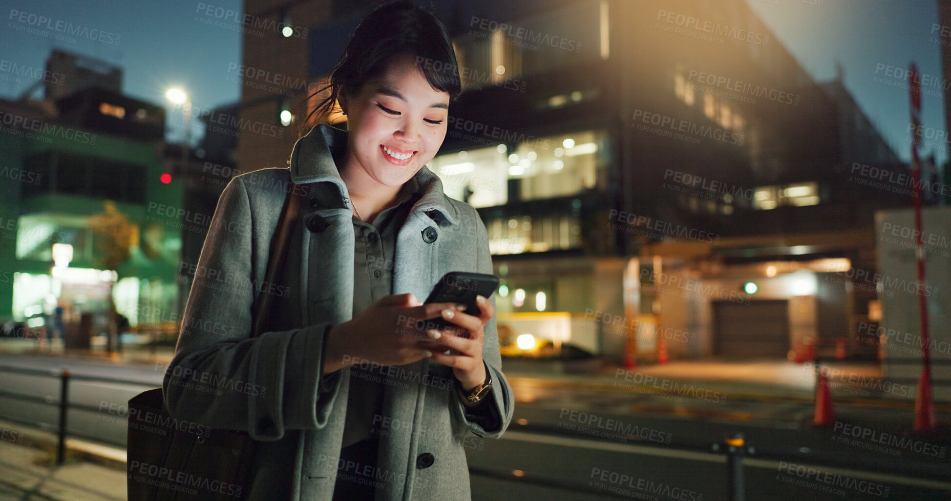 Buy stock photo Asian woman, phone call and laughing at night in city for funny joke, conversation or outdoor travel. Happy female person smile and talking on mobile smartphone in late evening for discussion in town