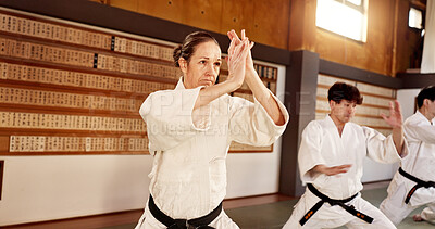 Students, people or learning martial arts in dojo for practice, aikido movement or self defense together. Combat demonstration, fitness exercise or training workout for fighting, education or class