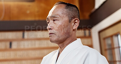 Aikido, master and man in martial arts, class or sensei talking in traditional gym of Japanese technique. Attention, mature fighter and education of self defence, skill or instruction in practice