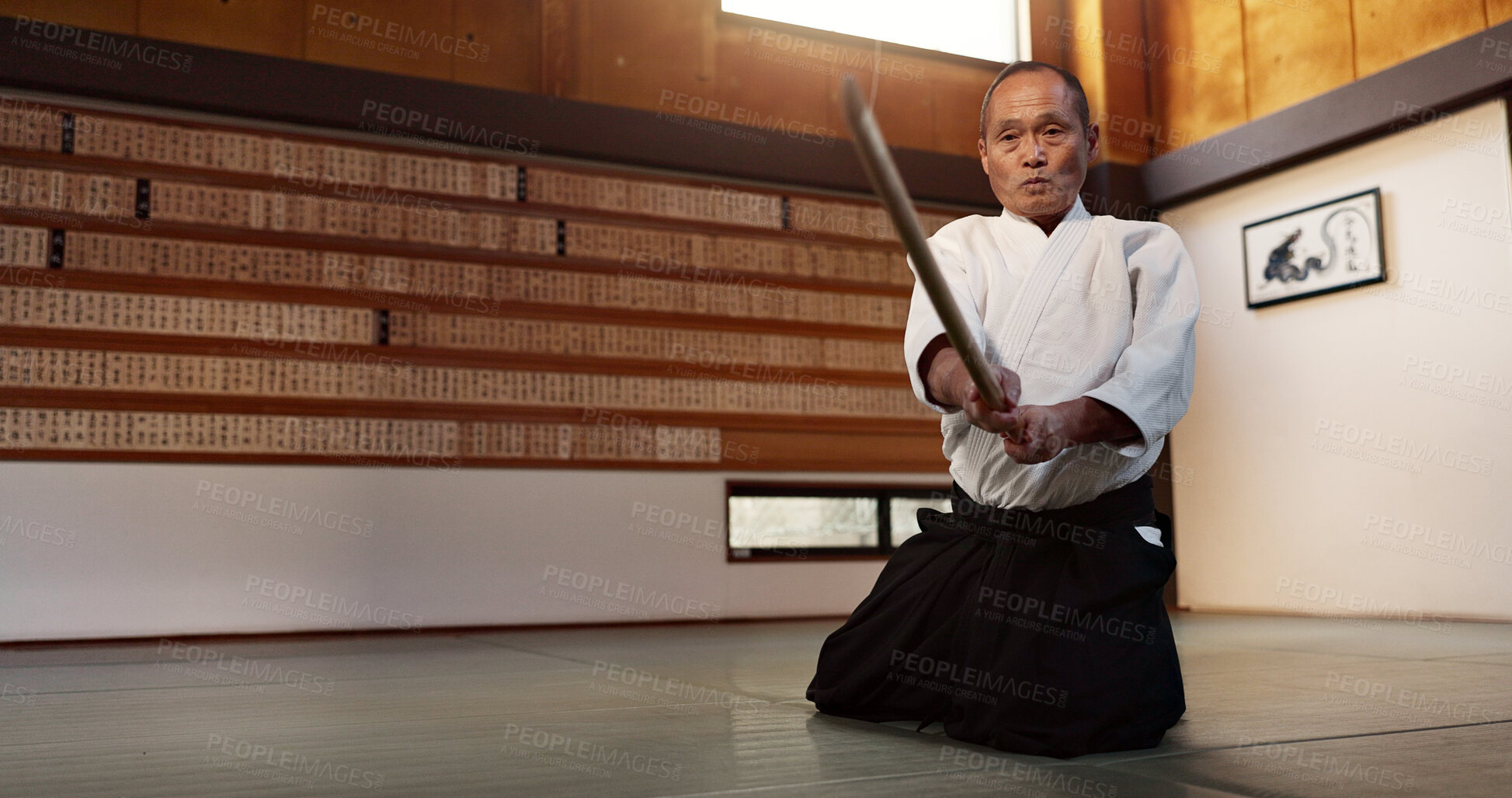 Buy stock photo Aikido with sensei on floor, wooden sword and training for fitness, fight or action in traditional gym in Japan. Exercise, practice and mature man at dojo with black belt in Japanese martial arts.