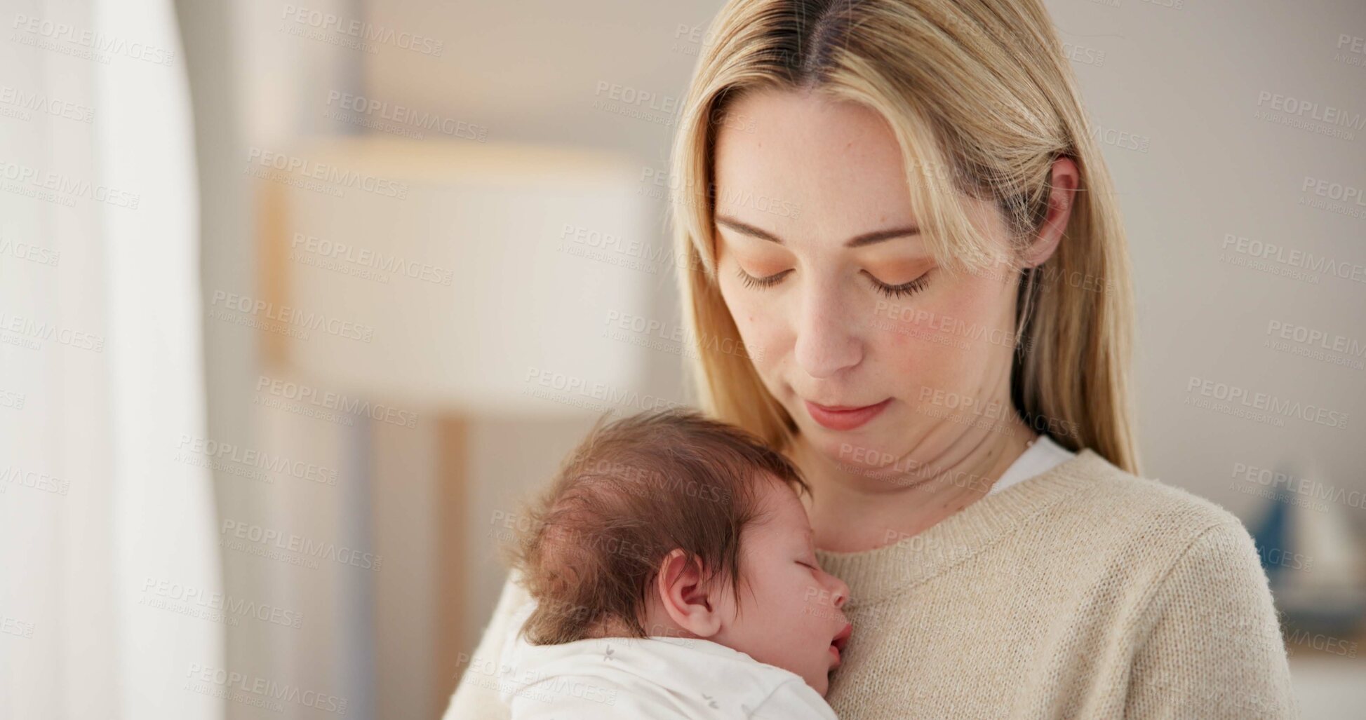 Buy stock photo Newborn, love and mother with baby for sleeping, bonding and child development together at home. Family relationship, motherhood and mom carry infant for care, support and dreaming in nursery room