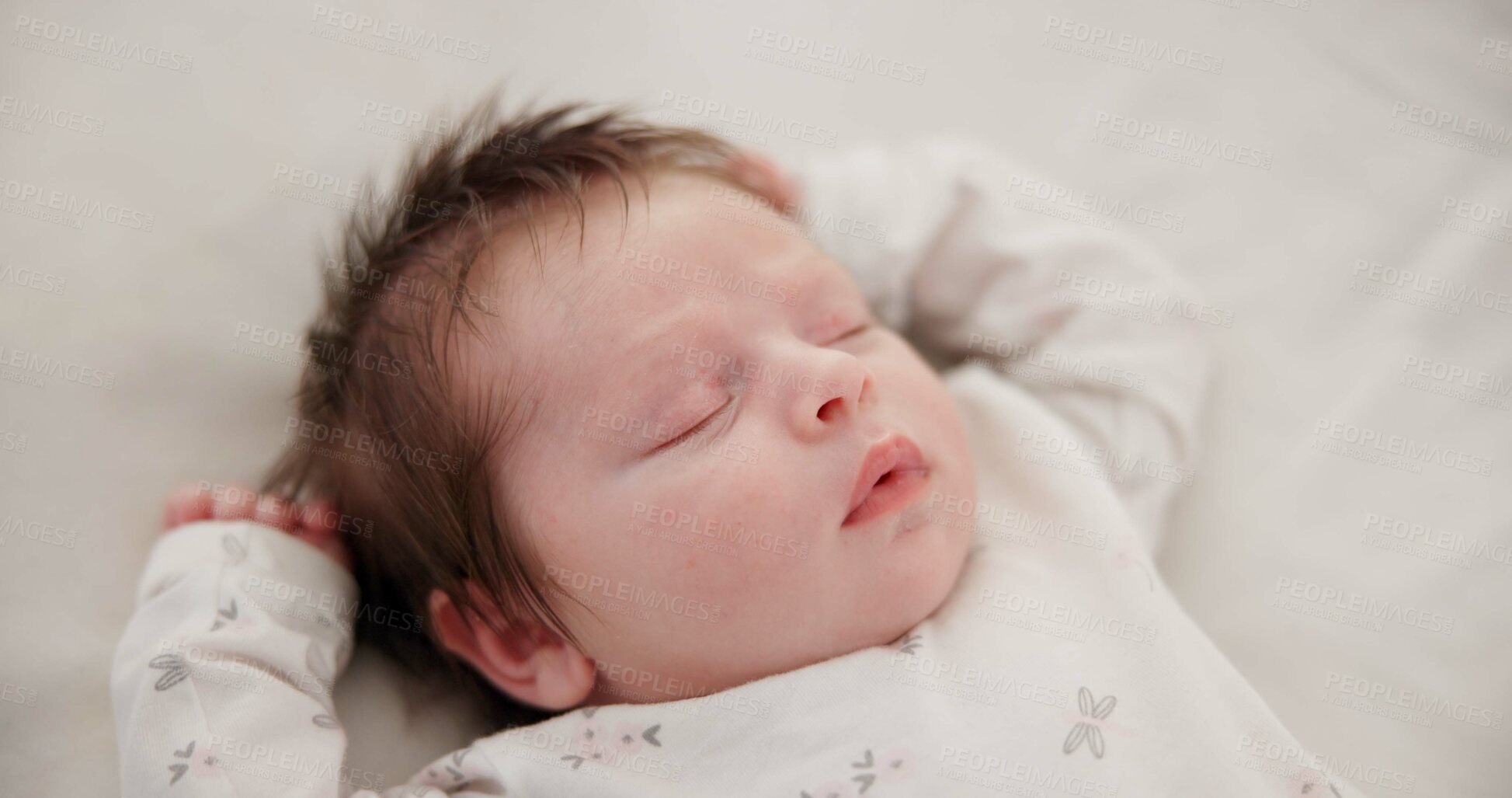 Buy stock photo Tired baby, sleeping and nursery bed with morning, nap and dreaming of a young newborn at home. Cozy, sleepy kid and calm with health development from rest and peace in a house with closeup and care