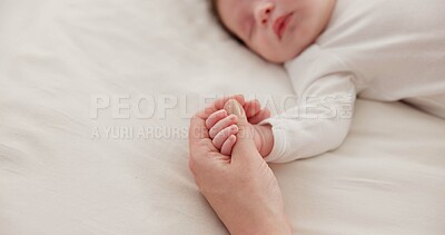 Buy stock photo Sleeping, holding hands or mother with infant, love or support for care, health or wellness at home. Fingers, family or mama with a healthy baby, protection or child development for bond or maternity