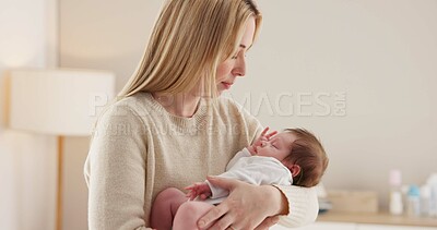Buy stock photo Family, kiss and a mother rocking her baby to sleep in the bedroom of their home together for love or care. Dreaming, nap or tired with a woman and newborn infant in an apartment to rest for growth