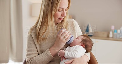 Milk, bottle and a mother feeding her baby in a bedroom of their home together for love, growth or care. Family, nutrition or formula and a newborn infant drinking with a woman parent in apartment