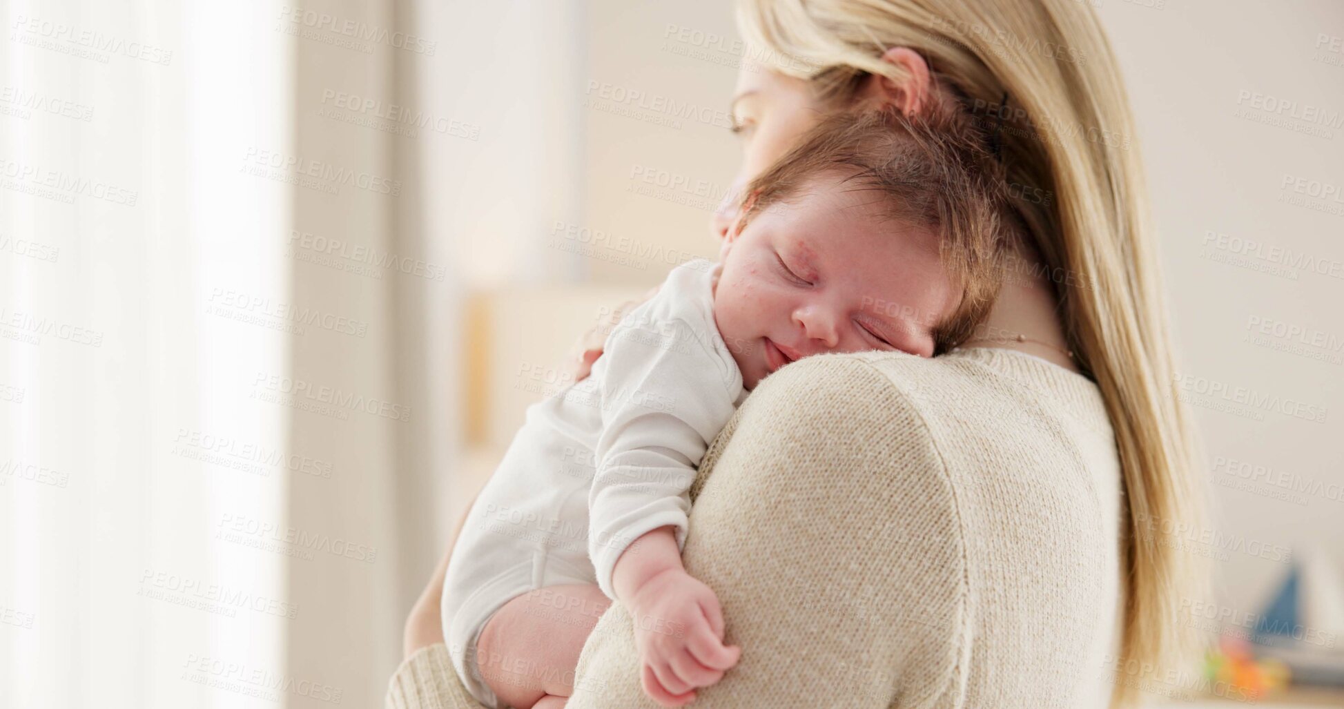 Buy stock photo Care, love and mother with baby for bonding, relationship and child development together at home. New born, motherhood and happy mom carry infant for sleeping, support and affection in nursery room