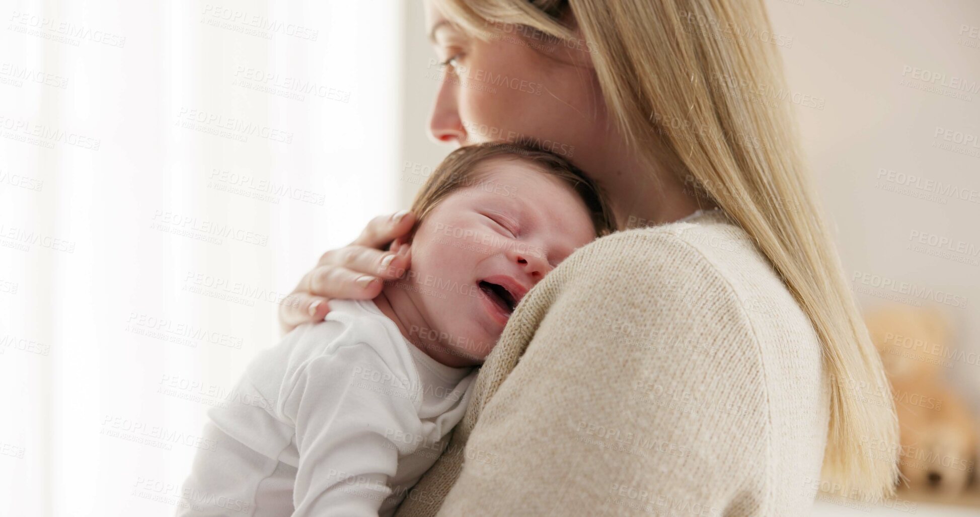 Buy stock photo Love, mother and baby in nursery for sleeping, bonding and touch or cuddle with support or care. Woman, mom or holding newborn in bedroom with bond and relax for child development and nurture in home