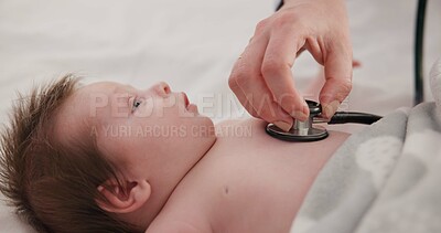 Baby, stethoscope and doctor listening to heart, breathing and test kids healthcare in clinic. Infant, heartbeat and hand of pediatrician examine patient, chest and check cardiology health of lungs