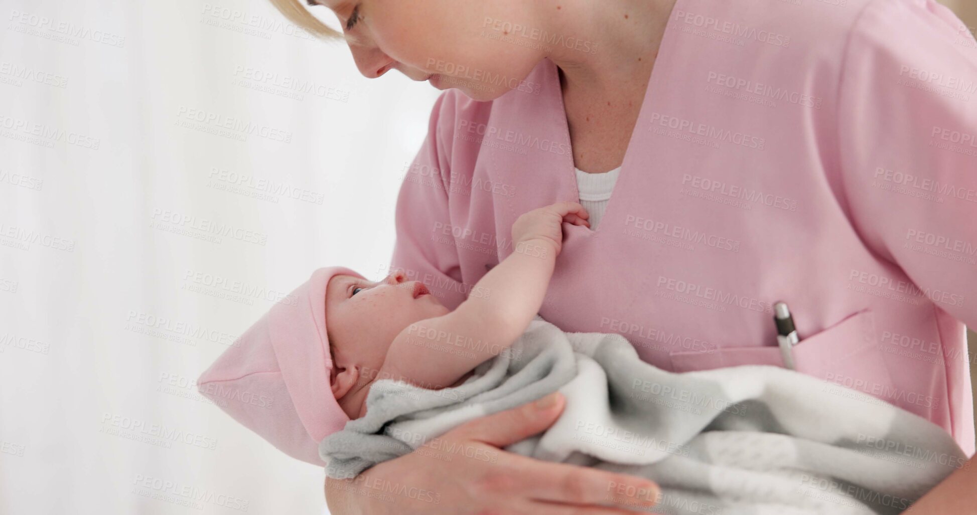 Buy stock photo Nurse, woman and newborn in hospital for wellness, medical checkup or examination with support or care. Pediatrician, professional and holding baby in clinic with bond and relax for child development