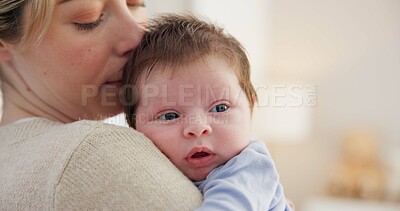 Buy stock photo Love, mother and baby in nursery for bonding, touch or cuddle with support or care in house. Woman, mom or holding newborn in bedroom with bond and relax for child development and nurture in home