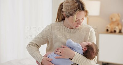 Buy stock photo Mother, baby and nap with love, care and support for newborn in nursery with sleep. Young child, mom and family with youth and childcare with bonding and maternity in a home with infant and rocking