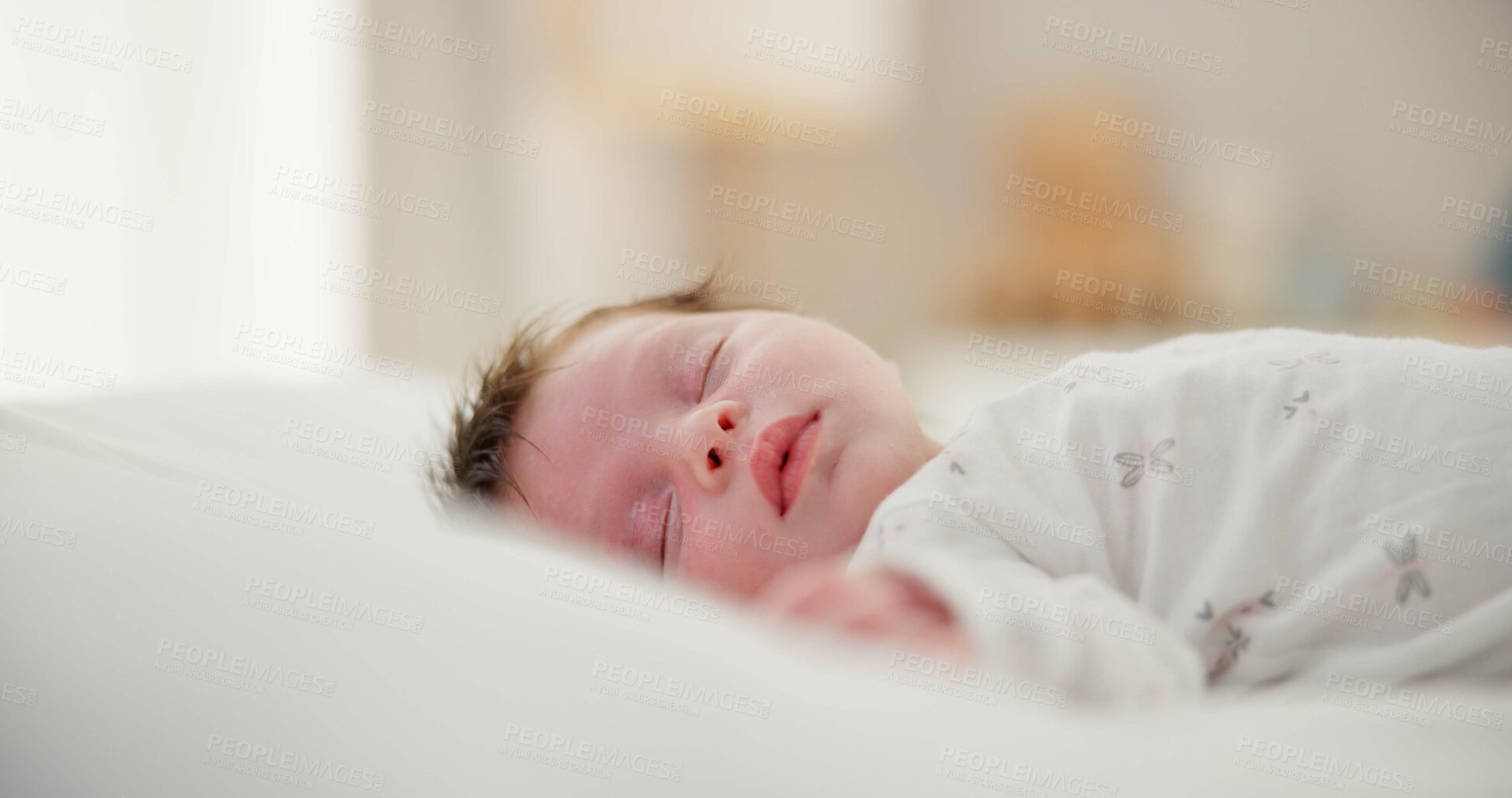 Buy stock photo Tired, sleeping and newborn baby on a bed at a home in the bedroom for resting and dreaming. Cute, sweet and little infant, child or kid taking a nap in the morning in the nursery at family house.