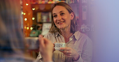Buy stock photo Women, friends and talk in coffee shop, drink and happy for reunion, date and conversation on break. Girl, people and smile for chat, memory and relax with tea cup, latte or espresso in cafe together