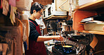 Japanese chef man, cooking and kitchen by stove, service or catering job on pan, pot and ready. Person, restaurant or cafeteria with chopsticks for meal prep, working or thinking for recipe in Tokyo