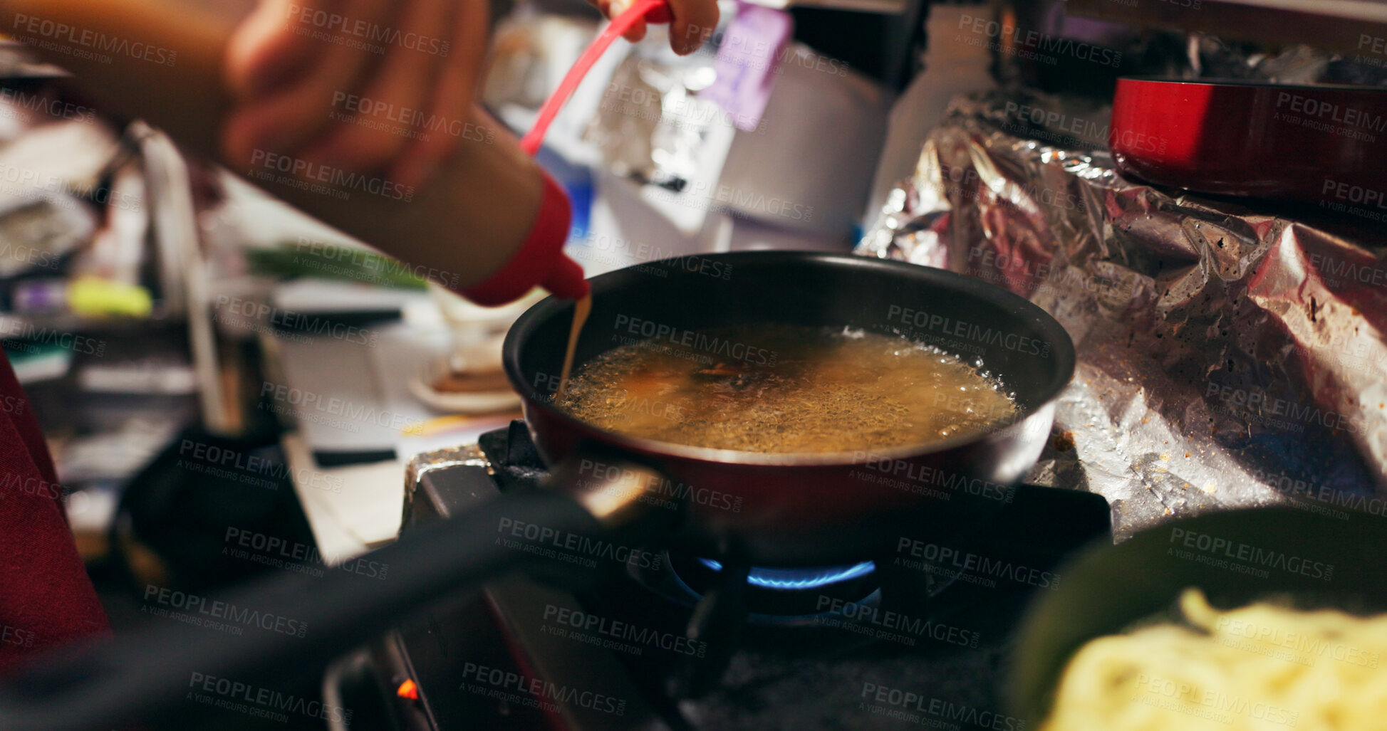 Buy stock photo Cooking, sauce and person with pan on gas stove at food market for meal preparation, eating and nutrition. Culinary, restaurant and closeup of utensils to prepare lunch, cuisine dinner and supper