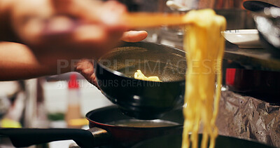 Buy stock photo Cooking, food market and person with noodles on gas stove for meal preparation, eating and restaurant. Japanese culinary, flame and closeup of chopsticks to prepare lunch, cuisine dinner and supper