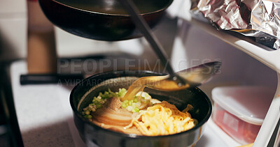 Buy stock photo Japanese, ramen and food in restaurant, soup and ingredients, preparation and chef skill with decoration. Person cooking traditional cuisine, closeup for nutrition with garnish and broth on noodles
