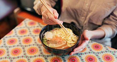 Buy stock photo Ramen food, plate and table in restaurant with person, hands and ginger with closeup for Japanese cuisine. Niboshi bowl, chopsticks and pork for diet, nutrition and catering for wellness in Tokyo