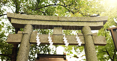Buy stock photo Torii gate, trees or nature in japan for worship, holy or prayer location for peace in forest. Asian architecture, culture and ancient symbol with religion, god and gateway of sacred to shinto shrine