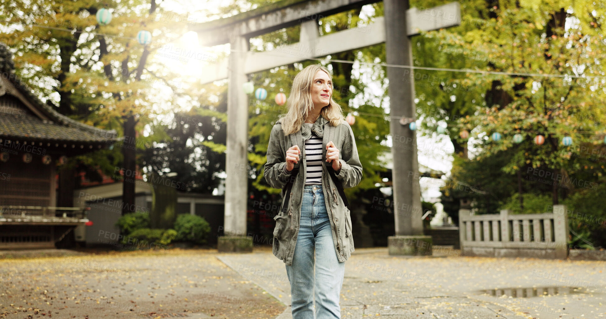 Buy stock photo Woman, nature and torii gate in Kyoto with wow, surprised and travel with spiritual history. Architecture, japanese culture and shinto shrine in woods with sculpture, memorial and monument landscape