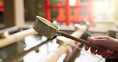 Buy stock photo Shinto shrine, hands and fountain with water in container for faith, clean or washing for wellness. Religion, culture and praise with ladle for purification ritual in woods, peace or temple in Kyoto