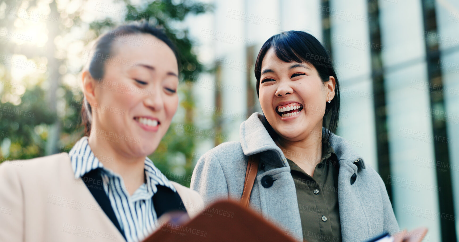 Buy stock photo Walking, city and Japanese business women with smile chat for morning commute, journey and travel. Professional, corporate and happy people in conversation in urban town for career, working and job