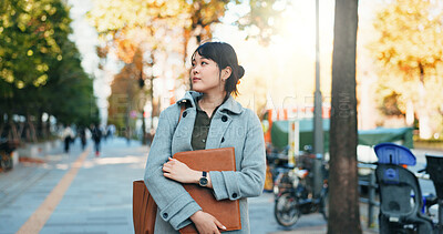 Buy stock photo Thinking, city and Japanese business woman with ideas for morning commute, journey and travel to work. Professional, corporate and person in urban town wondering for career, working and job ambition