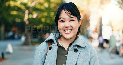 Buy stock photo Japan businesswoman, face and happy in city for company travel and street for ambition or startup entrepreneur. Portrait, person and smile for summer trip for career growth and job pride in kyoto