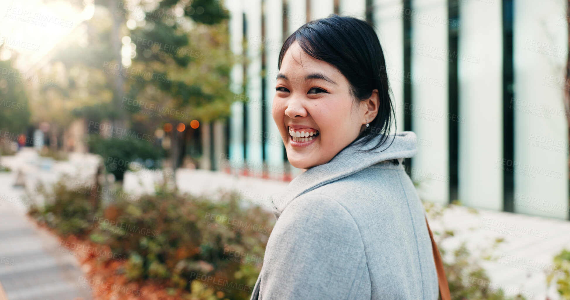 Buy stock photo Walking, city and Japanese business woman with smile for morning commute, journey and travel to work. Professional, corporate and portrait of happy person in urban town for career, working and job